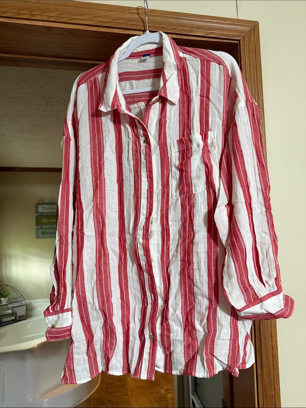 Old Navy Red and White Striped Button-Down Shirt
